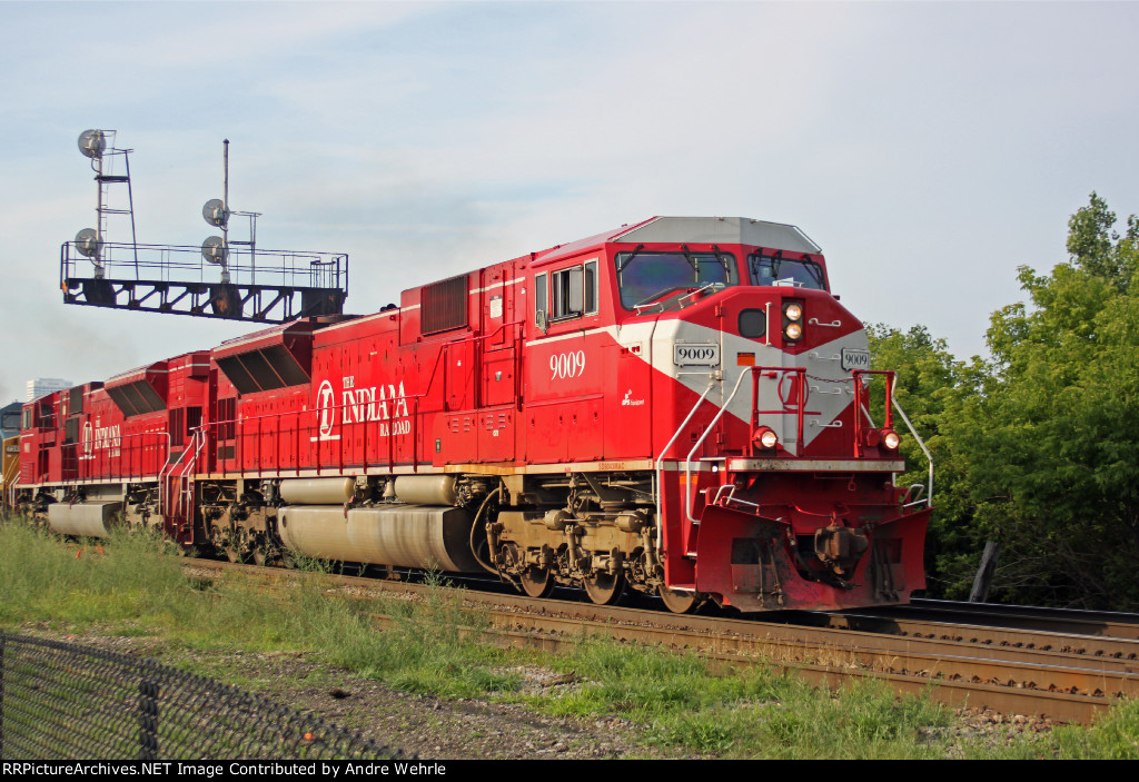 INRD 9009 leads a sister and a CSX GE on EB coke loads train CP #800